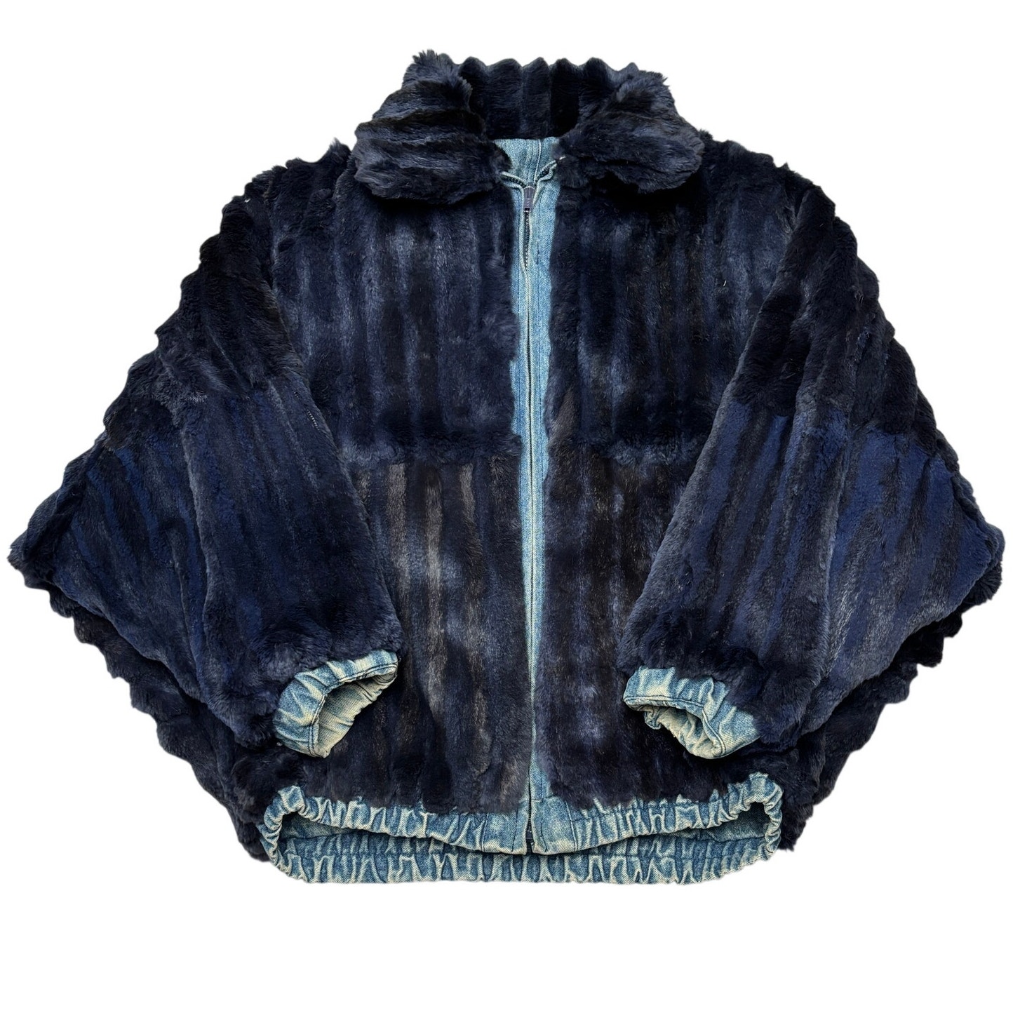 Vintage Reversible Rabbit Fur Denim Jacket Batwing Cropped Oversized Womens M